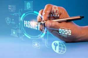 A digital passkey authentication concept with a futuristic interface, representing secure login, cybersecurity, and passwordless authentication.