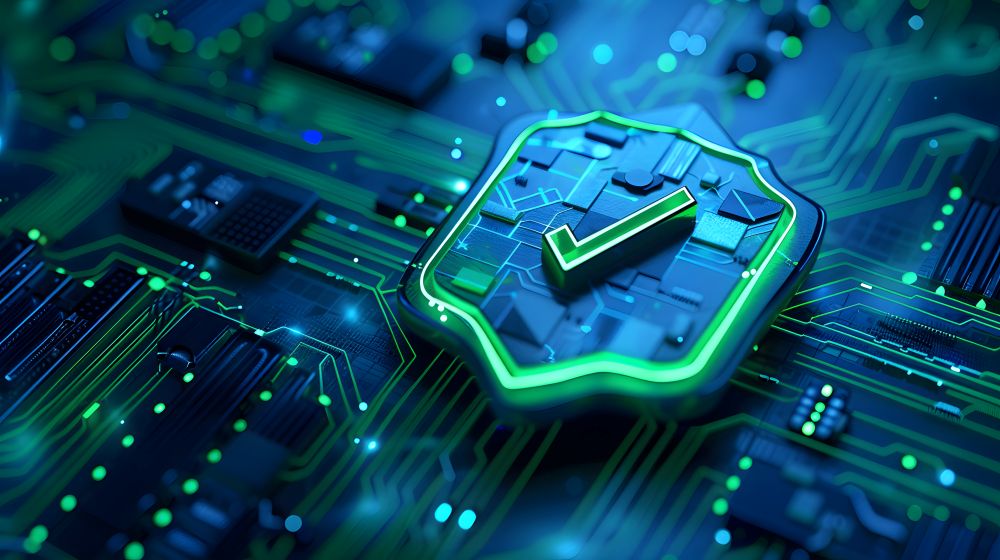 A close-up of a digital circuit board with a glowing green checkmark symbol, representing false confidence in system security based on surface-level scan results—illustrating the danger of assuming safety from green checkmarks alone.